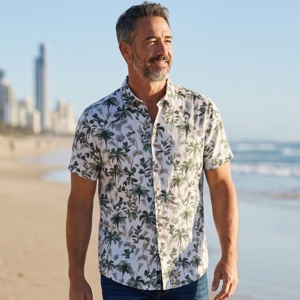 Rodd & Gunn Albini Cotton Palm Print Short Sleeve Shirt Mens Large Green‎ White